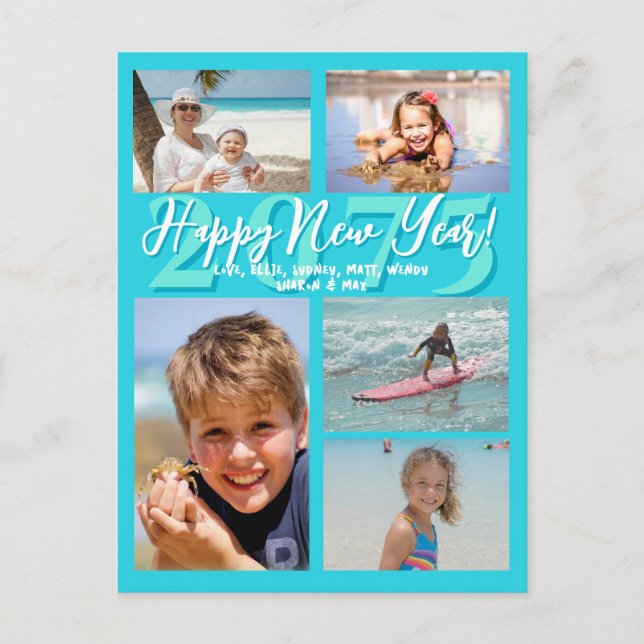 Aqua Blue Happy New Year Five Photo Postcard (Front)