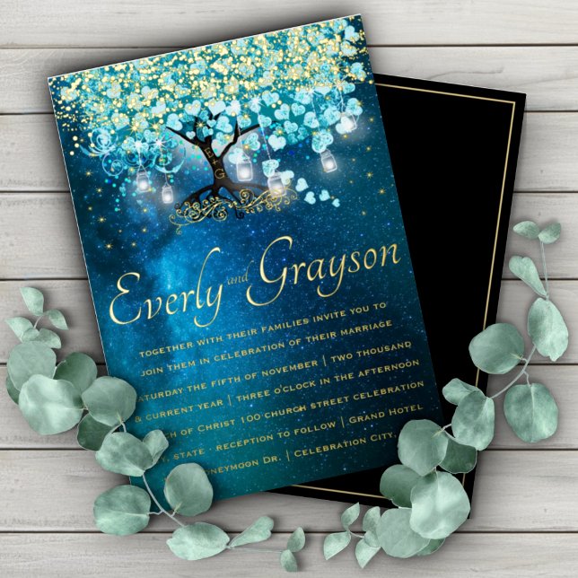 Aqua Blue Heart Leaf Tree Gold Wedding   Foil Invitation (Creator Uploaded)