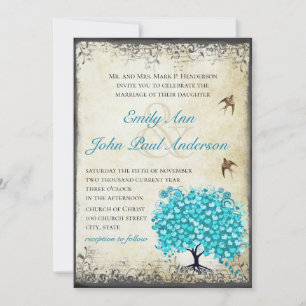 Aqua Blue Heart Leaf Tree Vintage Bird Parchment Invitation