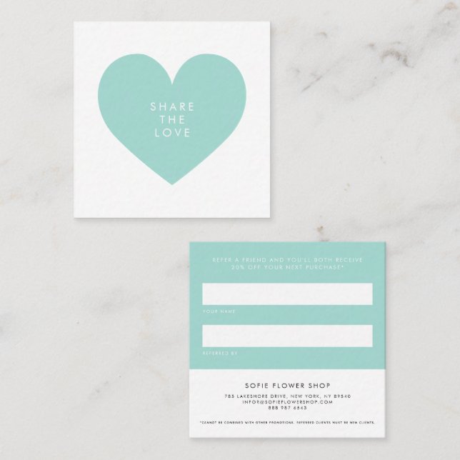 Aqua Blue Heart Minimalist Share the Love Referral Card (Front/Back)