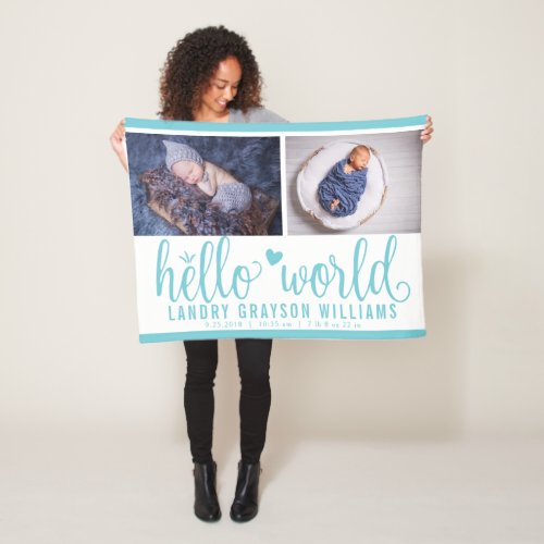 Aqua Blue Hello World Monogram Baby Stat Fleece Blanket
