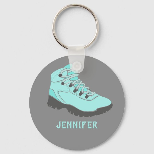 Aqua Blue Hiking Boot Personalized Gray Keychain (Front)