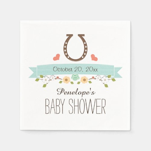 Aqua Blue Horseshoe Western Baby Boy Shower Paper Napkins