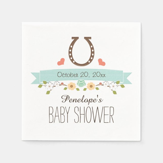 Aqua Blue Horseshoe Western Baby Boy Shower Paper Napkins (Front)