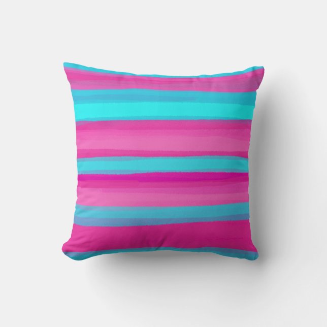 Aqua Blue Hot Pink Stripes Throw Pillow (Front)