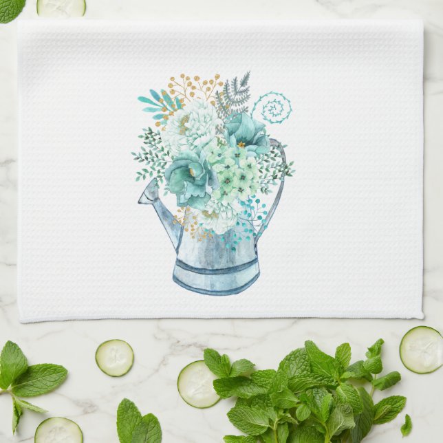 Aqua Blue Hydrangea Watering can Farmhouse Floral  Kitchen Towel (Folded)