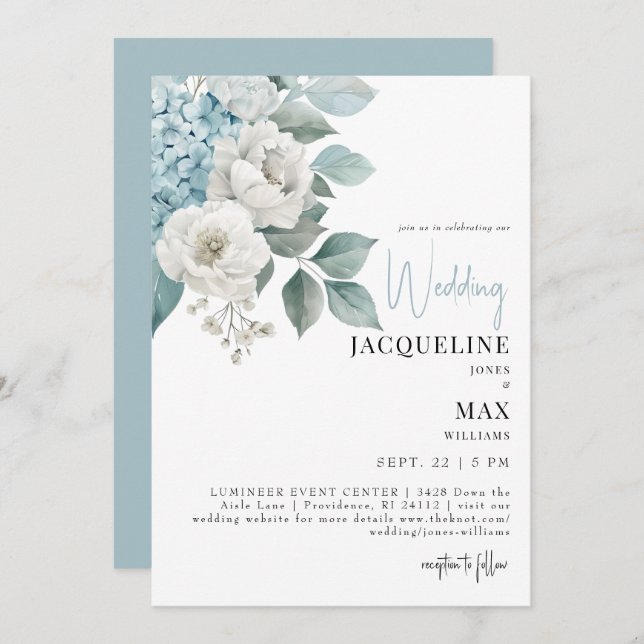 Aqua Blue Hydrangeas Wedding Invitation (Front/Back)