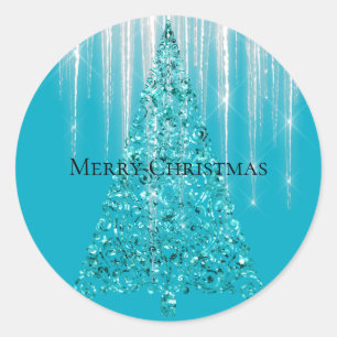 Aqua Blue Icicles Sparkle Christmas Tree Classic Round Sticker