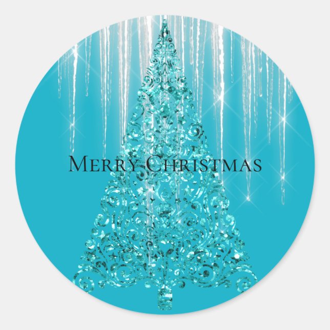 Aqua Blue Icicles Sparkle Christmas Tree Classic Round Sticker (Front)