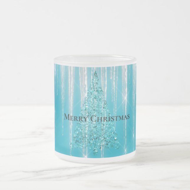 Aqua Blue Icicles Sparkle Christmas Tree Frosted Glass Coffee Mug (Center)