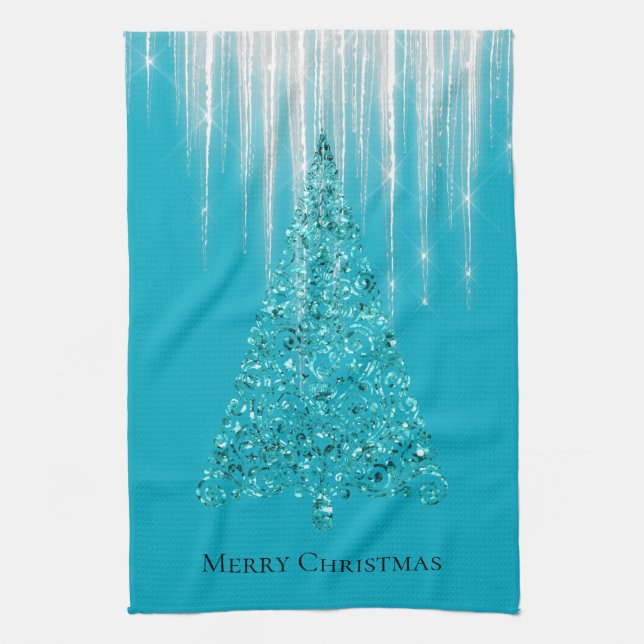 Aqua Blue Icicles Sparkle Christmas Tree Kitchen Towel (Vertical)