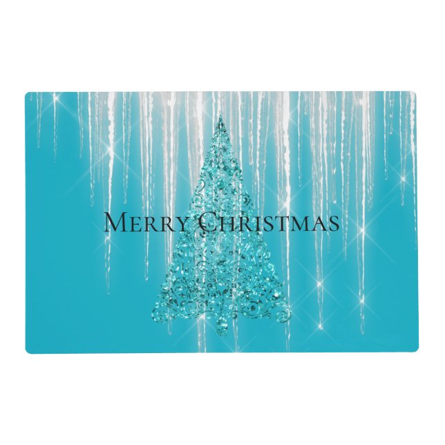 Aqua Blue Icicles Sparkle Christmas Tree Placemat (Front)