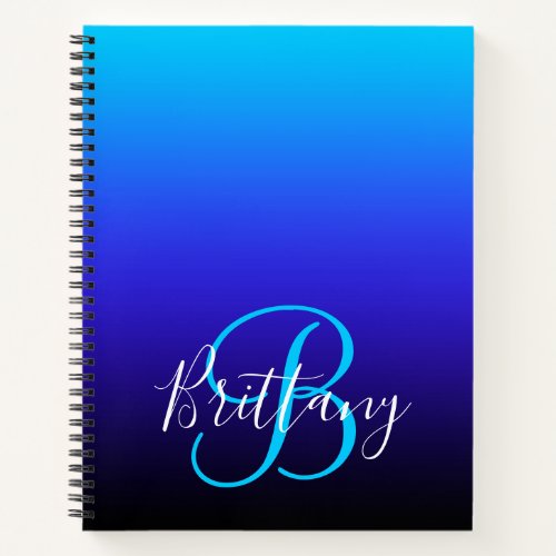 Aqua Blue Indigo and Black Ombre Monogram Notebook