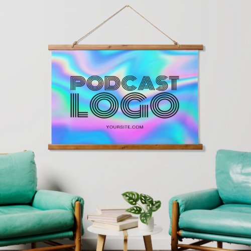 Aqua Blue Iridescent Rainbow Modern Podcast Logo Hanging Tapestry