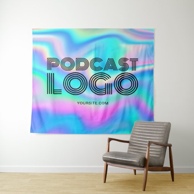Aqua Blue Iridescent Rainbow Modern Podcast Logo Tapestry (In Situ (Horizontal))