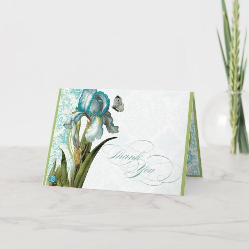 Aqua Blue Iris Damask Quatrefoil Thank You Note