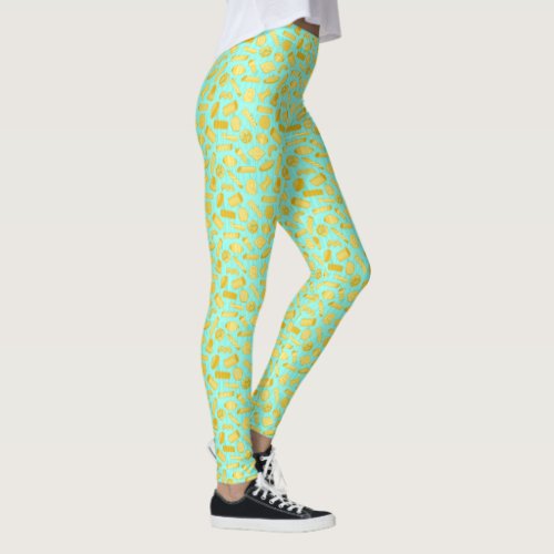 Aqua Blue Italian Pasta Shapes Restaurant Waitress Leggings