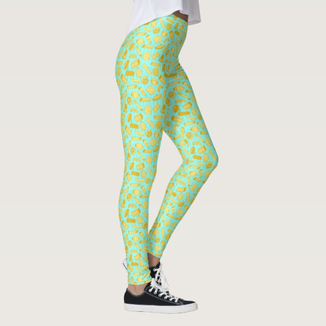 Aqua Blue Italian Pasta Shapes Restaurant Waitress Leggings (Right)