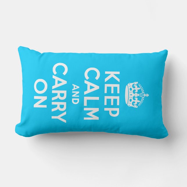 Aqua Blue Keep Calm and Carry On Lumbar Pillow (Front)