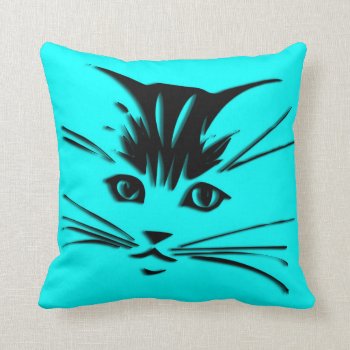 Aqua Blue Kitty Cat Face Throw Pillow