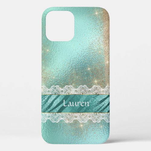 Aqua Blue Lacy Tiger Stripe Monogram iPhone 12 Case