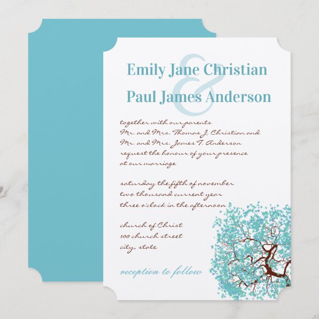 Aqua Blue Leaves Brown Tree  Wedding Invitation (Front/Back)
