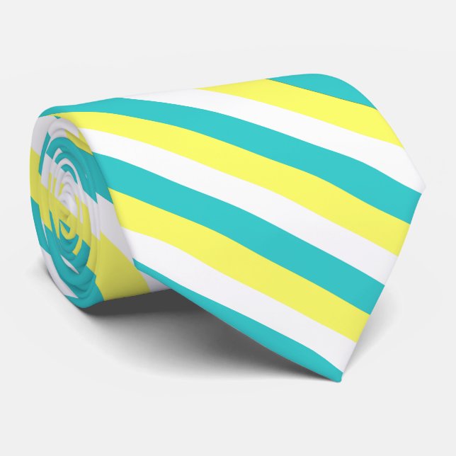 Aqua Blue, Lemon Yellow and White Stripes Neck Tie (Rolled)