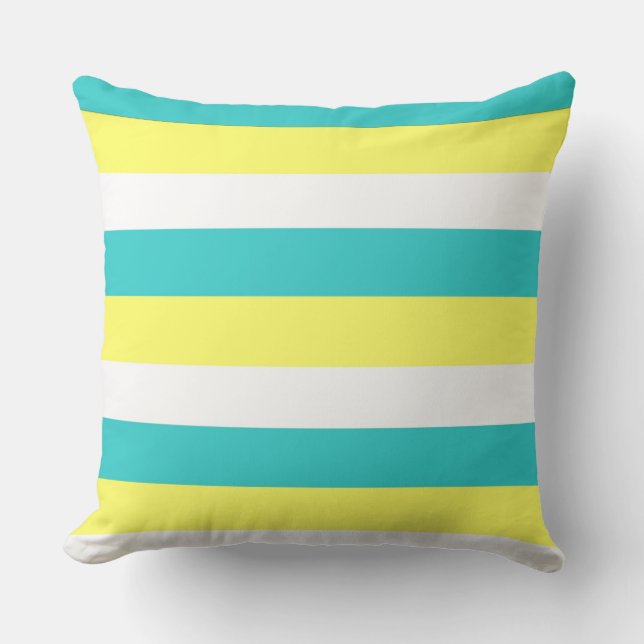 Aqua Blue, Lemon Yellow and White Stripes Throw Pillow (Front)