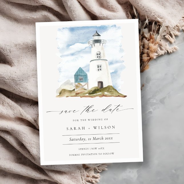 Aqua Blue Lighthouse Mountain Save The Date Invite (Creator Uploaded)