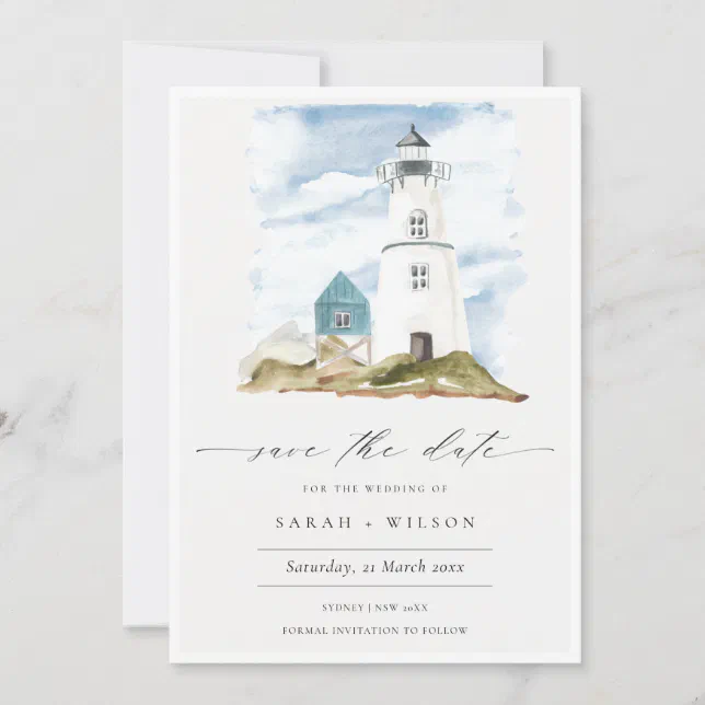 Aqua Blue Lighthouse Mountain Save The Date Invite | Zazzle