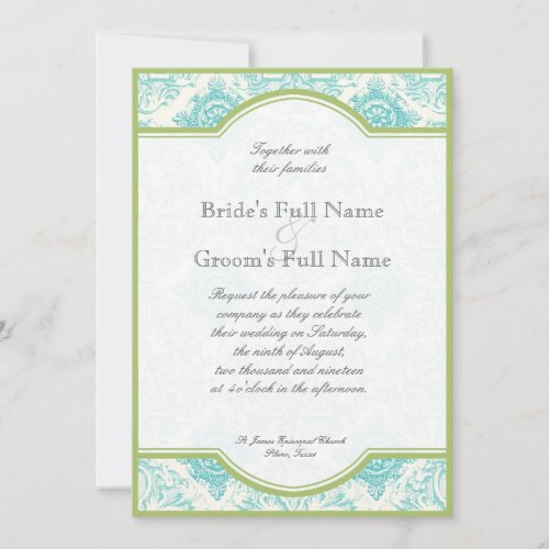 Aqua Blue Lime Iris Quatrefoil Wedding Invite