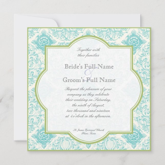 Aqua Blue Lime Toile Quatrefoil Wedding Invite (Front)