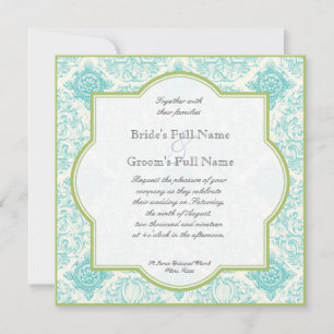 Aqua Blue Lime Toile Quatrefoil Wedding Invite