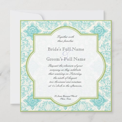 Aqua Blue Lime Toile Quatrefoil Wedding Invite