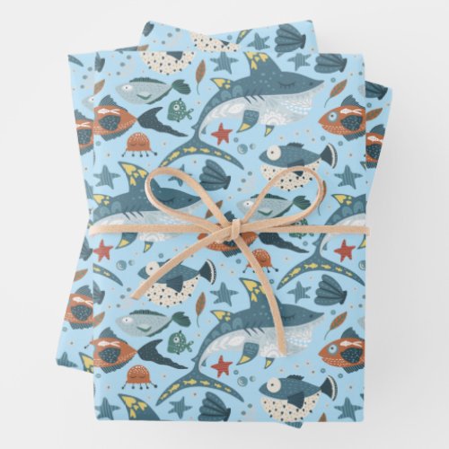 Aqua Blue Little Shark Under The Sea Kids Birthday Wrapping Paper Sheets