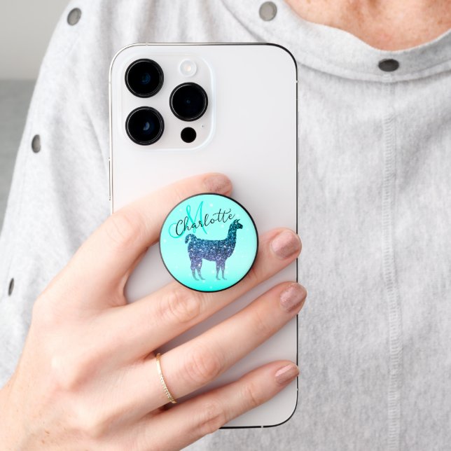 Aqua blue llama sparkle glitter Monogram turquoise PopSocket (Hand)