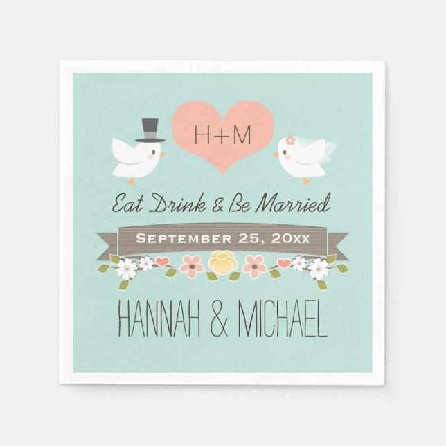 Aqua Blue Love Birds Dove Wedding Napkins (Front)
