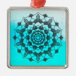 Aqua Blue Mandala Abstract Beautiful Christmas Metal Ornament
