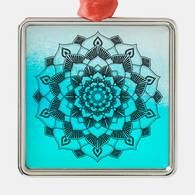 Aqua Blue Mandala Abstract Beautiful Christmas Metal Ornament (Front)