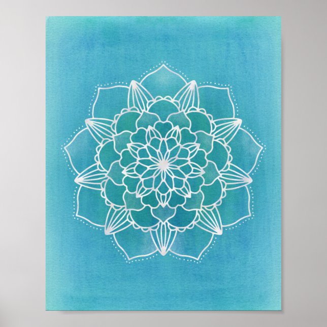Aqua Blue Mandala Flower Geometric Circle Art Poster (Front)