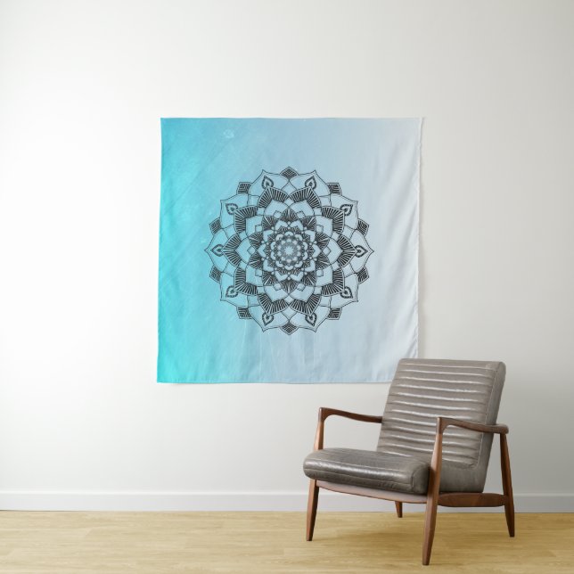 Aqua Blue Mandala Wall Art Tapestry (In Situ (Horizontal))