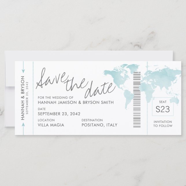 Aqua Blue Map Boarding Pass Ticket Save the Date (Front)