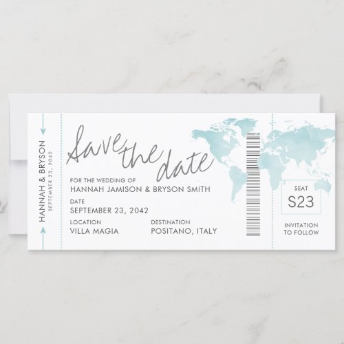 Aqua Blue Map Boarding Pass Ticket Save the Date