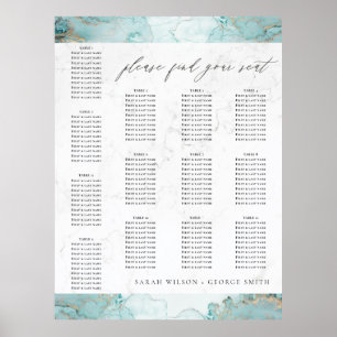 AQUA BLUE MARBLE GOLD AGATE WEDDING SEATING CHART