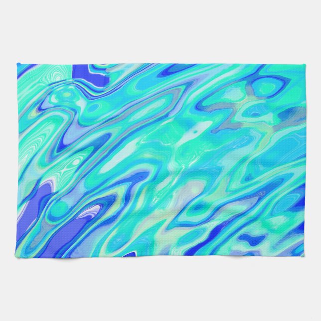 Aqua Blue Marble Texture Abstract Liquid Pattern Kitchen Towel (Horizontal)