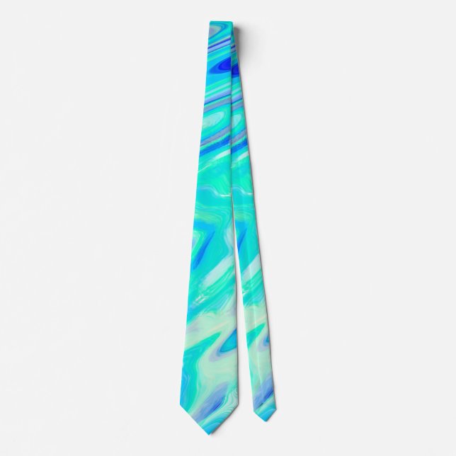 Aqua Blue Marble Texture Abstract Liquid Pattern Neck Tie (Front)