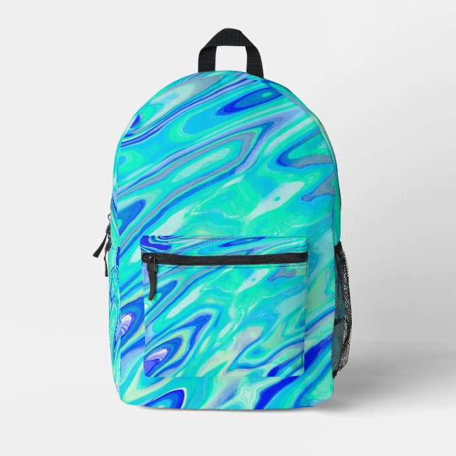 Aqua Blue Marble Texture Abstract Liquid Pattern Printed Backpack (Front)