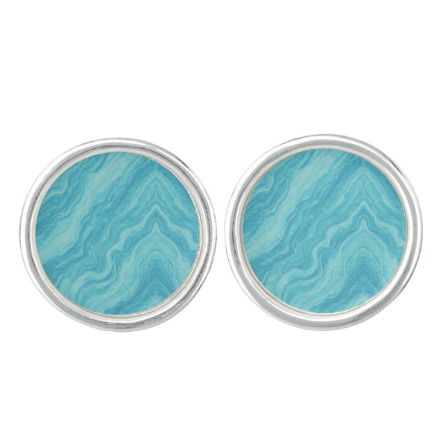 Aqua Blue Marble Wave Cufflinks (Front)