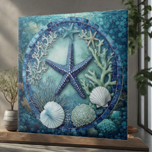 Aqua blue Marine Life Starfish Coral Reef Seashell Ceramic Tile