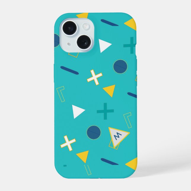 Aqua Blue Memphis Monogram Iphone Case (Back)